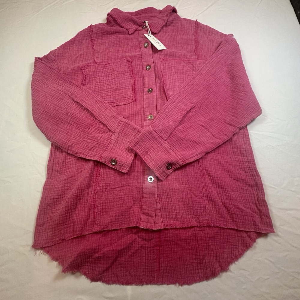 Umgee Mineral Wash Button Down Top with High Low Hem Hot Pink Women Large/XL NWT